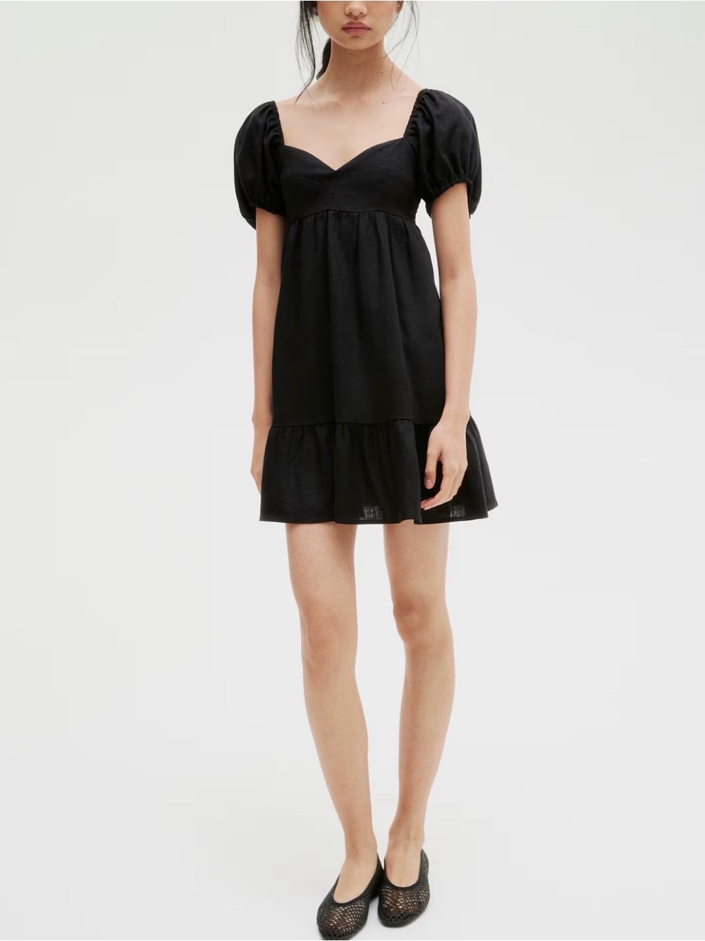 Sim & Sam Black Linen Blend Puff Sleeve Babydoll Mini Dress Smocked size large